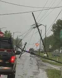 Damage is seen in Slater, Missouri, after tornado-warned storms early on April 27, 2026.